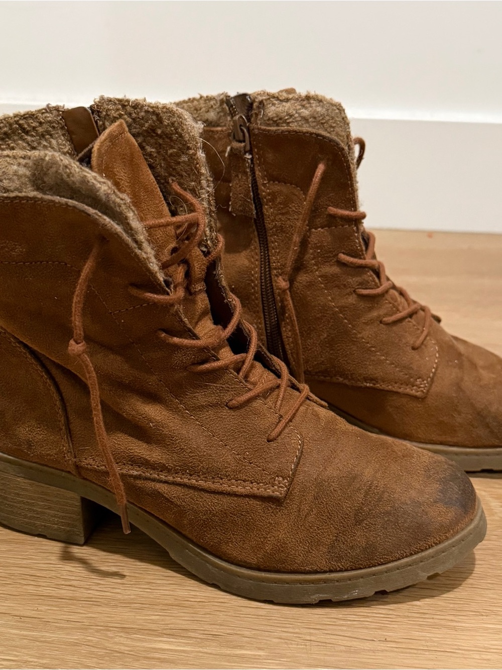 Target Women's Brown Faux Suede Lace-Up Ankle Boots with Faux-Shearling Trim